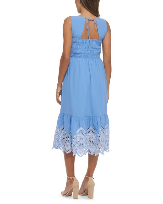 Kensie Blue Smocked Cotton Voile Midi Dress