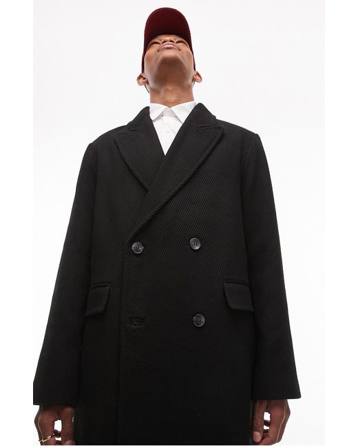 Topman Black Double Breasted Overcoat for men