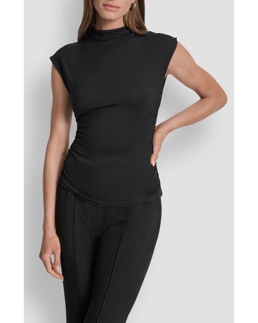 DKNY Black Mock Neck Ruched Top