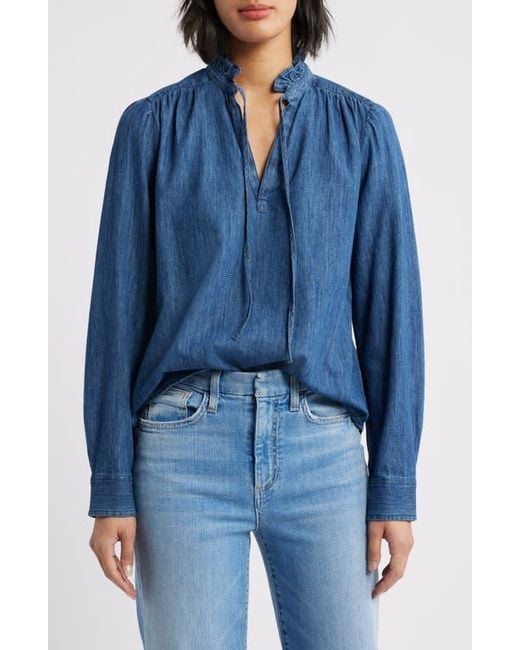 Caslon Blue Ruffle Chambray Top