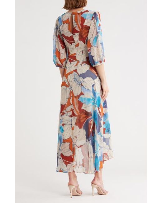 Calvin Klein Blue Floral Faux Wrap Chiffon Maxi Dress
