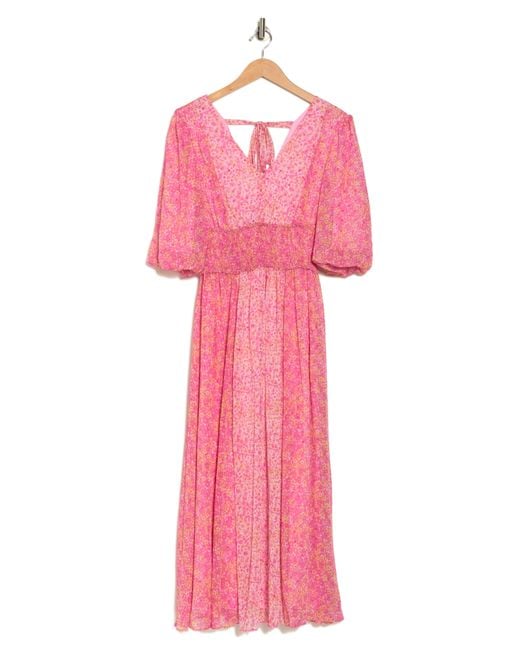 Taylor Dresses Pink Floral Puff Sleeve Smocked Waist Maxi Dress