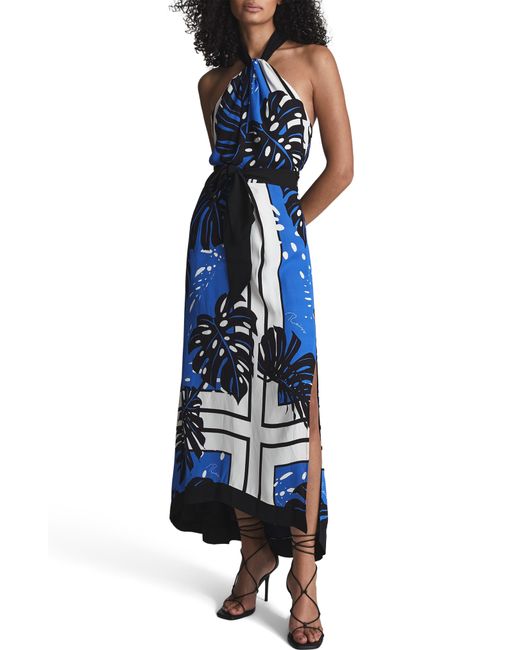 Reiss Blue Erin Leaf Print Halter Neck Maxi Dress