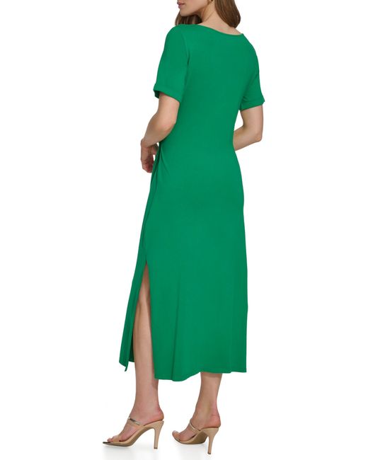 DKNY Green Wrap Detail Stretch Cotton Midi Dress