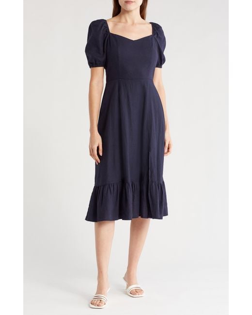 Ellen Tracy Blue Puff Sleeve Linen Blend Midi Dress