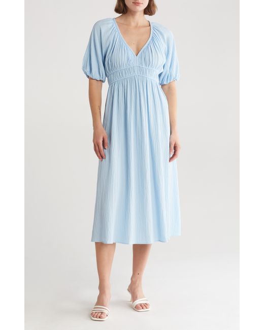 Calvin Klein Blue Puff Sleeve Gauze Midi Dress