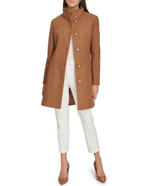 Calvin Klein Brown Faux Wool Coat – Long Button Front Dress Coat With Stand
