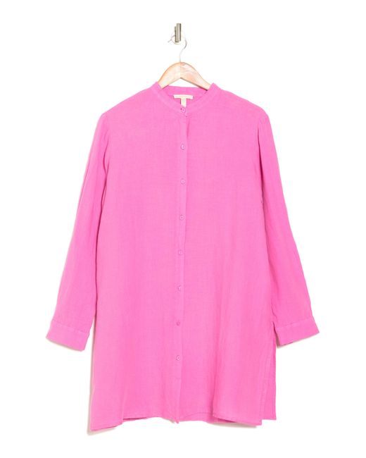 Eileen Fisher Pink Band Collar Easy Long Linen Shirt