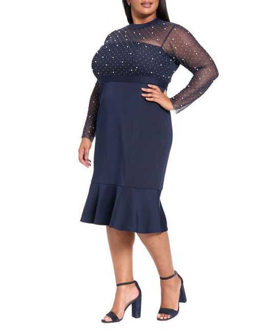 London Times Blue Long Sleeve Faux Pearl Illusion Midi Dress