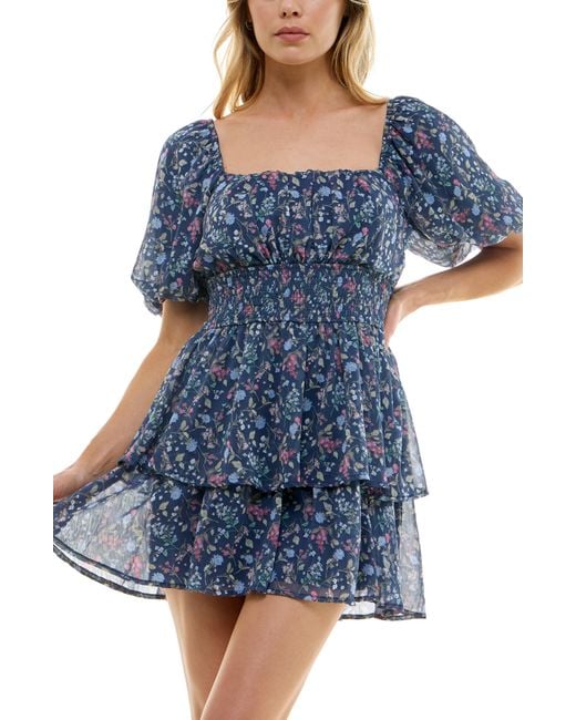 ROW A Blue Floral Smocked Waist Tiered Minidress