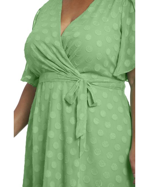 London Times Green Flutter Sleeve Faux Wrap Dress