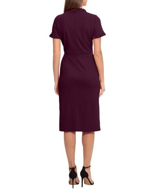 Maggy London Purple Ruffle Short Sleeve Pocket Sheath Dress