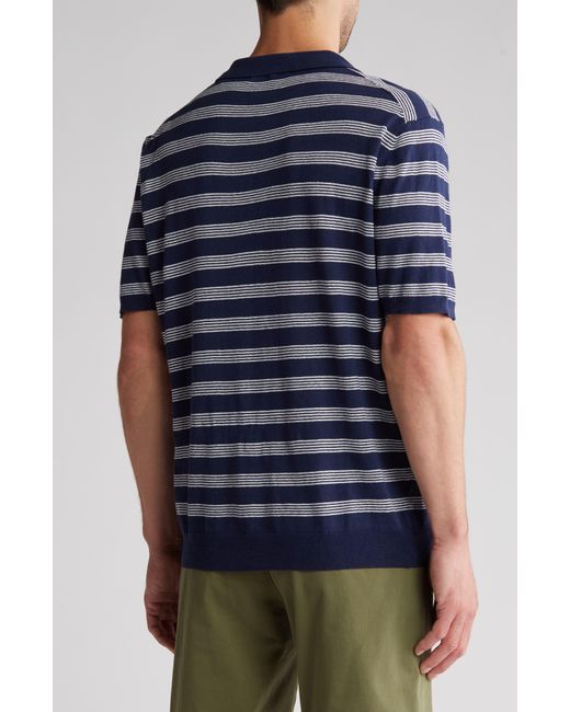 Slate & Stone Blue Stripe Cotton & Linen Polo Sweater for men