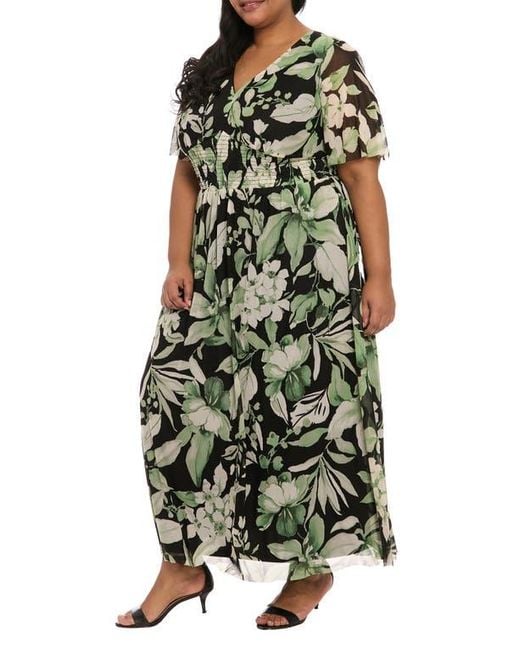 London Times Green Mesh Flutter Sleeve Maxi Dress