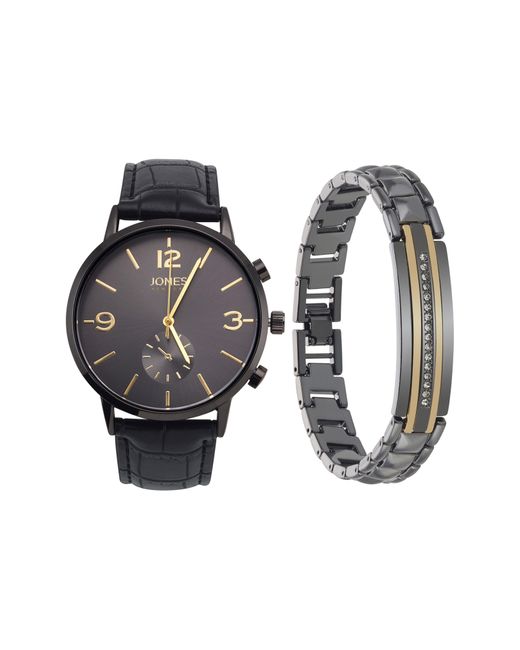 Jones New York Black Three-hand Quartz Bracelet Watch & Id Bracelet Set for men