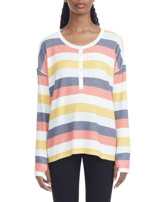 Andrew Marc White Stripe Long Sleeve Waffle Knit High-Low Top