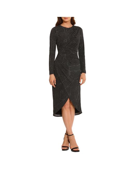 Maggy London Black Abstract Print Long Sleeve Midi Dress