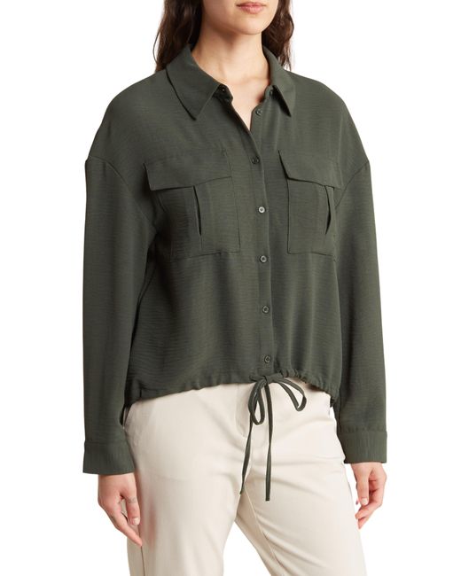 Adrianna Papell Gray Drawstring Waist Button-up Blouse