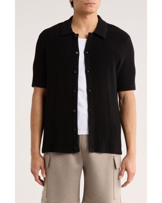 Truth Black Ribbed Plissé Knit Button-Up Shirt for men