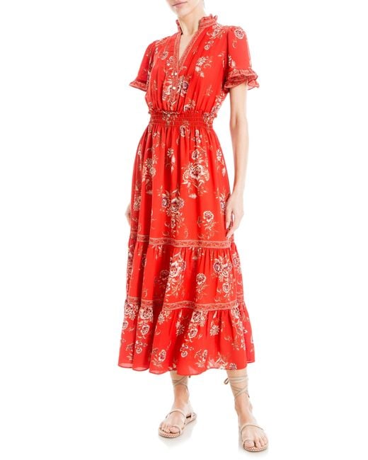 Max Studio Smocked Flutter Sleeve Maxi Dress in Red | Lyst