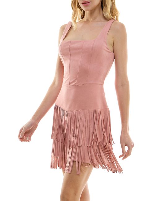 ROW A Pink Fringe Faux Suede Corset Dress