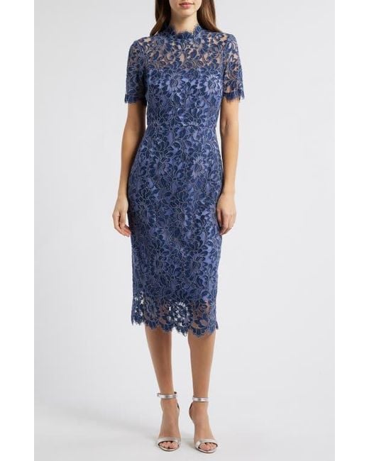 Eliza J Illusion Lace Midi Sheath Dress in Blue | Lyst