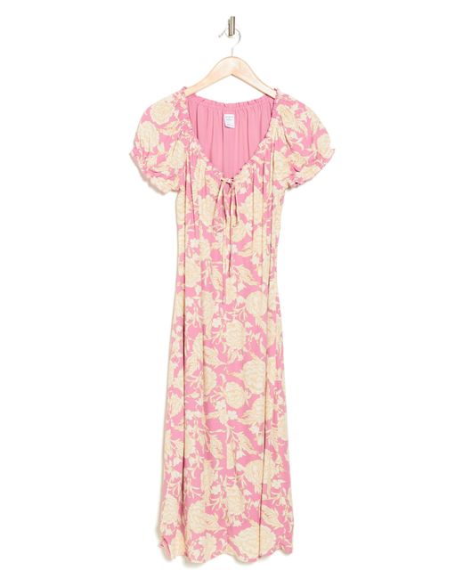 Melrose and Market Pink Floral Tie Keyhole Puff Sleeve Midi Dress