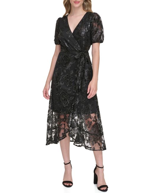 Kensie Black Sequin Embroidered Mesh Dress