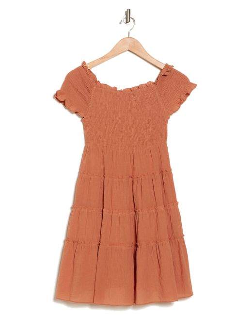 Wishlist Orange Smocked Tiered Cotton Minidress