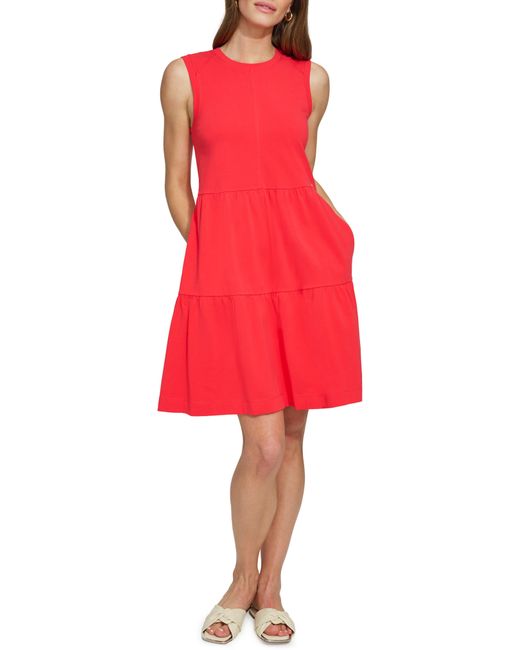 DKNY Red Sleeveless Stretch Cotton Dress