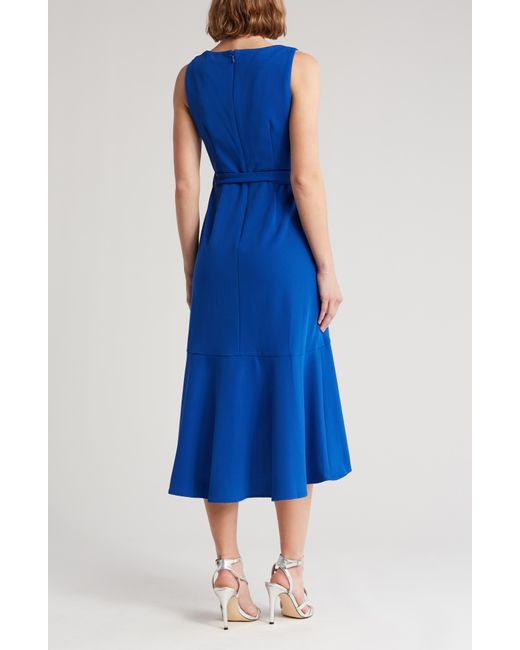 Calvin Klein Blue Sleeveless Ruffle Trim Midi Dress
