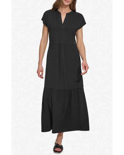 DKNY Black Tiered Stretch Cotton Maxi Dress
