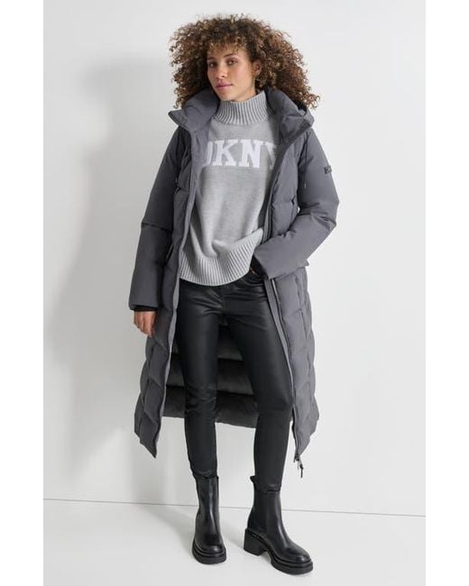 DKNY Belted Hooded Maxi Puffer Coat in Black Lyst