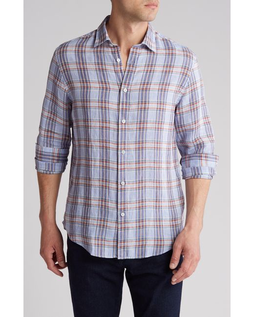 Bugatchi Blue Long Sleeve Stretch Linen Button-up Shirt for men