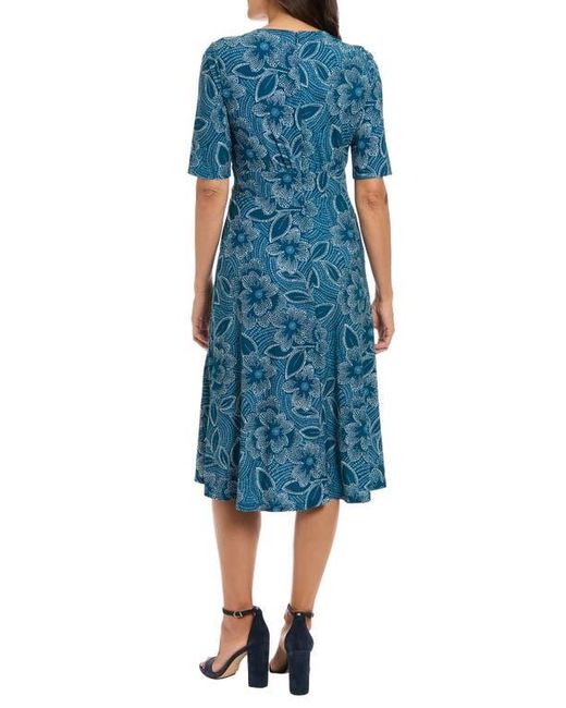 London Times Blue Floral Short Sleeve Inset Waist Midi Dress
