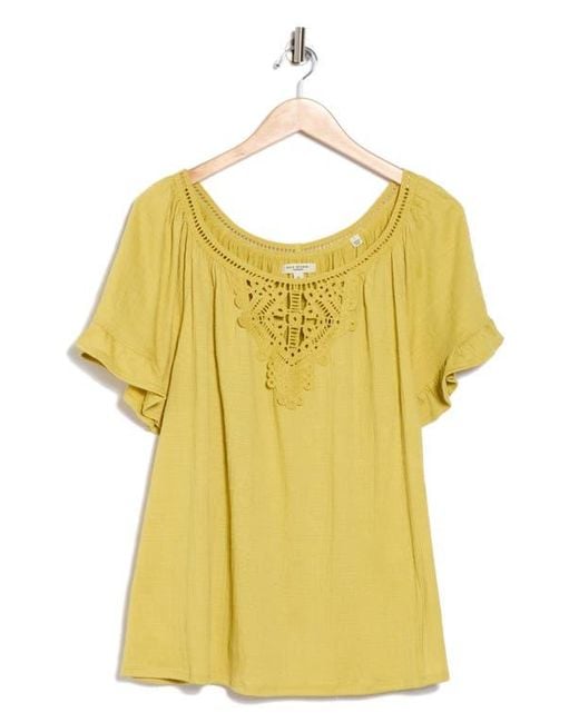 Max Studio Yellow Embellished Yoke Flutter Sleeve Top