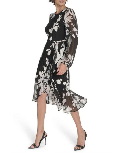 Tommy Hilfiger Black Floral Long Sleeve Ruffle Mixed Media Midi Dress