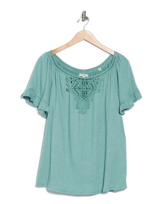 Max Studio Blue Embellished Yoke Flutter Sleeve Top