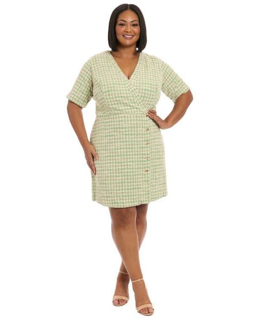 London Times Green Short Sleeve Bouclé Faux Wrap Dress