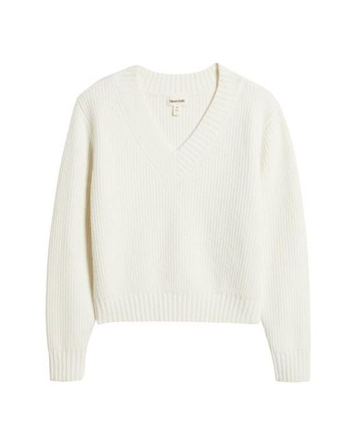 Open Edit White Rib V-Neck Sweater