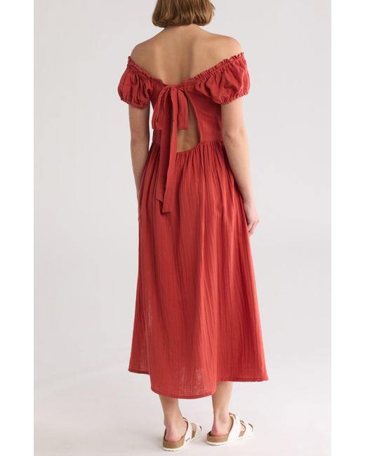 Boho Me Red Off The Shoulder Cotton Smocked Midi Dress