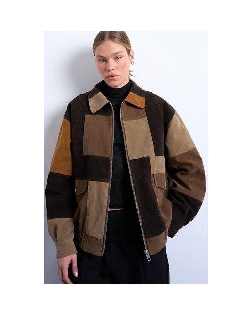 TOPSHOP Brown Patchwork Faux Suede Bomber Jacket