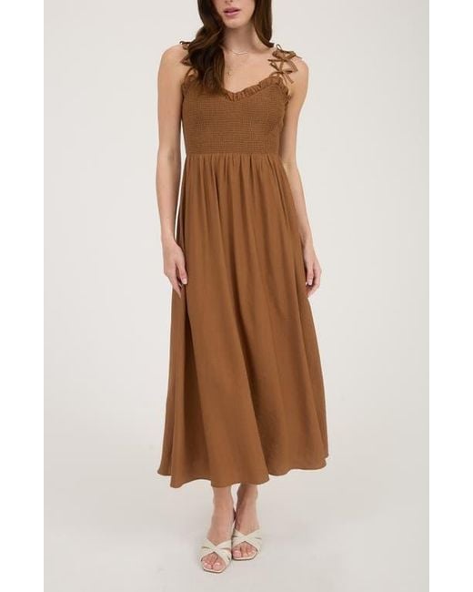 Blu Pepper Brown Bow Strap Smocked Fit & Flare Midi Dress