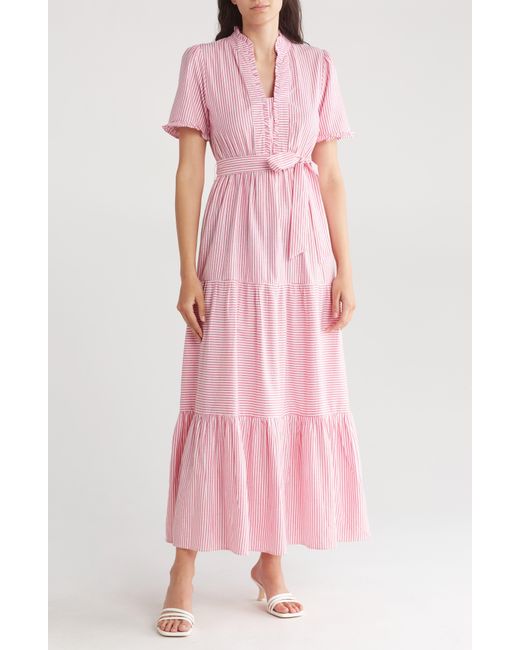London Times Pink Stripe Tiered Cotton Maxi Dress