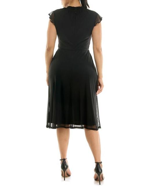 Nina Leonard Black Smocked Flutter Sleeve Mesh Dress