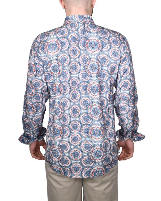 Vintage 1946 Blue Modern Fit Mandala Print Stretch Button-up Shirt for men