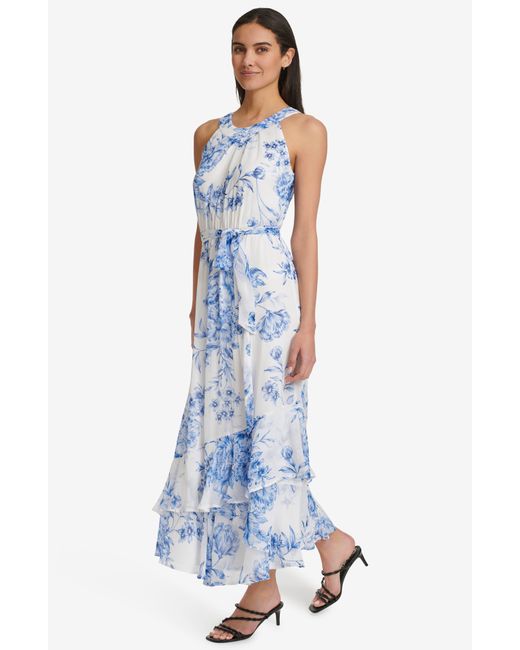 Calvin Klein Blue Floral Chiffon Halter Dress
