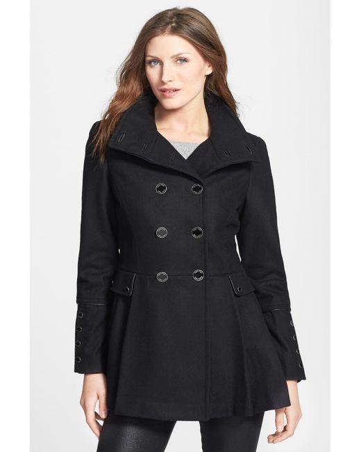 Calvin Klein Black Pleat Peplum Double Breasted Wool Blend Peacoat