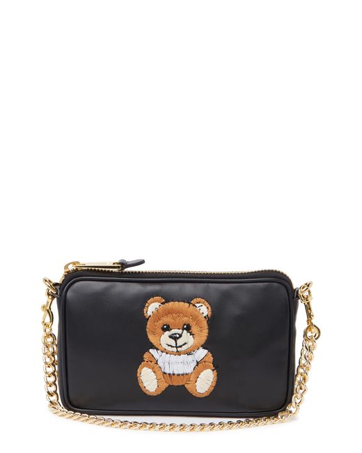 Moschino Embroidered Bear Chain Strap Shoulder Bag In Black At