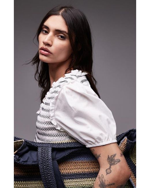 TOPSHOP Gray V-Neck Puff Sleeve Shirred Top